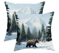 Mountain Bear Pillow Covers Set of 2, Brown Grizzly Bear Nature Throw Pillows Case, Winter Decorative Square Cabin Decor Cushion Covers for Living Room Sofa Bed Couch 16x16 Inch