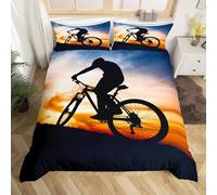 Mountain Bike Duvet Cover Extreme Sport Theme Bedding Set for Kids Boys Girls Cool 3D Dirt Bike Decor Comforter Cover Bicycle Rider Bedspread Cover Bedroom Collection 2Pcs Junior/Cot Bed