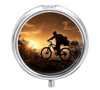 Mountain Bike in The Evening Pill Box - 3 Compartment Travel Pill Organizer with Small Mirror, Portable Pillcase for Pocket & Purse, Cute Round Medicine Case, Weekly Medicine Container