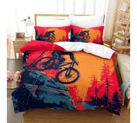 Mountain Bike Rider 2 Piece Recycled Polyester Adventure Illustration Style Duvet Cover Set, Pillowcase Set, Concealed Zip, Family Use, Fray Resistant Eco Friendly Soft Touch Cosy Single（135x200cm）