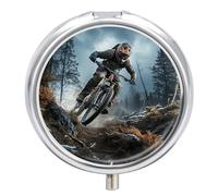 Mountain Bike Tournament Pill Box Medicine Pill Organizer 3 Compartment Daily Pill Case Small Pill Container Round Pill Holder Travel Pill Box Metal Pill Case for Purse Pocket