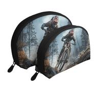 Mountain Bike Tournament Portable Shell Makeup Bag Set (2 Pieces), Zippered Travel Toiletry Bag For Cosmetics