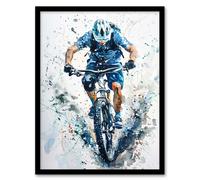 Mountain Biker Action Shot Paint Splat Portrait Framed Art Print Artery8 Blue A4