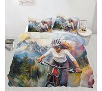 Mountain Biker Bedding Set King Off-Road Cycling Duvet Cover with 2 Shams Realistic Oil Painting Soft Lightweight, Easy Care for Adults Guest Rooms (220x230cm)