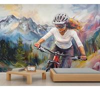 Mountain Biker Mural Off-Road Cycling Wallpaper Realistic Oil Painting Wall Mural Oversized Wall Poster Style Playroom Cafe Decor Poster Background Decor (Non-self-Adhesive)