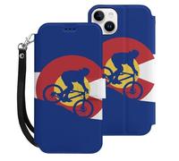 Mountain Biking Colorado Flag Cell Phone Flip Leather Case Classic Protection Compatible with iPhone 15/15 Plus/15 Pro/15 Pro Max