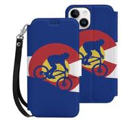 Mountain Biking Colorado Flag Cell Phone Flip Leather Case Classic Protection Compatible with iPhone 15/15 Plus/15 Pro/15 Pro Max