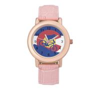 Mountain Biking Colorado Flag Women's Leather Watch Easy Reader Minimalist Wristwatch Pink Rose Gold Strap Watches