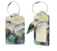 Mountain Birds Watercolor Luggage Tag for Suitcase PU Leather Suitcase Tag with Stainless Steel Loop and Address Card Baggage Tags Cute Bag Name Travel Tags ID Labels for Women Men 1 PC
