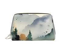 Mountain birds watercolor Makeup Bag for Women Cosmetic Bags Leather Travel Makeup Case Organizer Waterproof Make up Pouch Open Flat Toiletry Bag Portable Storage Pouch for Travelling, Gold, One Size