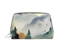 Mountain birds watercolor Makeup Bag for Women Cosmetic Bags Leather Travel Makeup Case Organizer Waterproof Make up Pouch Open Flat Toiletry Bag Portable Storage Pouch for Travelling, Silver, One