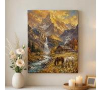 Mountain Cabin and Horse Landscape Impressionist Canvas Wall Art 16x20