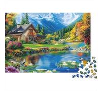 Mountain Cabin Scene 1000 Piece Jigsaw Puzzle Cottage by The Lake Scene- Brainteasing Challenge for Kids 38x26cm/1000pcs