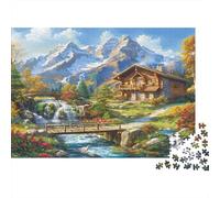 Mountain Cabin Scene 1000 Pieces Jigsaw Puzzle for Adults, Recycled Cardboard, Non-Reflective Paper, Stream Chalet Hill, Fun Family Activity, Improves Memory & Focus for Puzzle Lovers 52x38cm/1000pcs