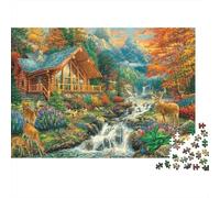 Mountain Cabin Scene Difficult 1000 Piece Jigsaw Puzzle for Adults Wooden Cabin Beside Rushing Forest Stream Premium Sturdy Vibrant Challenging Stress Relief 52x38cm/1000pcs