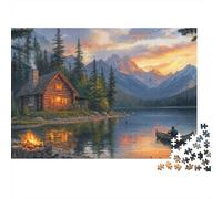 Mountain Cabin Sunset 1000 Piece Jigsaw Puzzle for Adults Warm Lit Lakeside Cottage at Peaceful Sunset Challenging Premium Thick Sturdy Vibrant Stress Relief 70x50cm/1000pcs