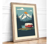 Mountain Caravan Journey Retro Framed Wall Art Print A4 (29.7×21cm) Oak, Wall Decor for Living Room, Bedroom, Office & Home, Ready to Hang, Art Gift