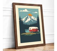 Mountain Caravan Journey Retro Framed Wall Art Print A4 (29.7×21cm) Walnut, Wall Decor for Living Room, Bedroom, Office & Home, Ready to Hang, Art Gift