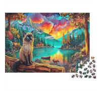 Mountain Cat Scene 1000 Pieces Jigsaw Puzzles Family Seniors Adults Cat by Lake Group Activity Mental Stimulation Eco-Friendly Premium Quality Home Decoration Game 52x38cm/1000pcs