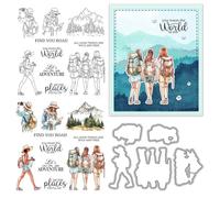 Mountain Climbing Girl Stamps and Die Cuts for Card Making Travel Transparent Silicone Clear Stamp and Metal Cutting Dies Sets for DIY Scrapbooking Paper Crafting Seals Decorative Supplies