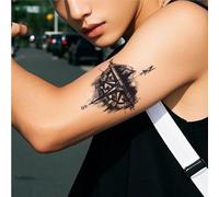 Mountain Compass | Herbal Tattoo Stickers With Unique Ink Painting Style Lines, Waterproof And Rub-Resistant, Lasts For 2 Weeks, Fake Tattoos(1pcs)