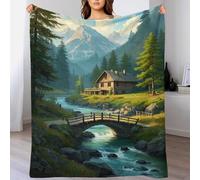 Mountain Cottage & Stream Bridge 3D Print Cozy Soft Breathable Flannel Blanket Natural Scenery Lightweight Plush Throw for Sofa Couch Bed All Season 50x60inch(127x152cm)