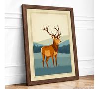 Mountain Deer Art Deco Framed Wall Art Print A4 Walnut