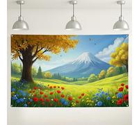 Mountain Floral Backdrop, Colorful Landscape Artistic Decor, Nature Green Blue Photography Background for Outdoor Events, Spring Summer Party Supplies 71x43 Inch