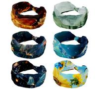 Mountain Forest Landscape Background Headbands for Women Workout, 6 Packs Twist Knotted Head Bands, Stretchy Hairbands, Non Slip Yoga Sport Turban Headwrap