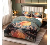 Mountain Forest Landscape Duvet Cover -Double Bedding Set for Boys Girls Bedroom Decor -Sunset Over Nature Wilderness Vintage Comforter Cover Set (1 Quilt Case with 2 Pillowcases)