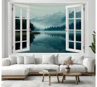 Mountain Forest Scenery Window View Tapestry Wall Hanging for Bedroom | Snow-Capped Mountains Lakes Wall Tapestry Aesthetic Painting Poster Wall Art Decor for Living Room, Dorm, Office, 150x130 cm