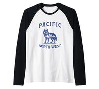 Mountain Forest Wolf Silhouette Pacific Northwest Vintage Raglan Baseball Tee