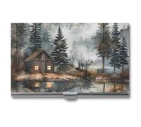 Mountain Hut by The Lake Business Card Wallet Credit Card Holder Metal Square Small Pocket Purse