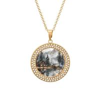 Mountain Hut by The Lake Round Pendant Necklace Diamond Edging Brilliant Personalized Jewelry Gifts for Women Golden-style