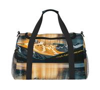 Mountain Lake Boats Print Travel Duffel Bag for Men & Women, Foldable Travel Bags and Spacious Weekender Tote Bag for Storage Toiletry Luggage Personal Item, Black, L