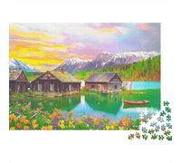 Mountain Lake Cabin 1000 Piece Puzzle for Adults Lakeside Cabins Beneath Vibrant Sunset Sky Premium Sturdy Vibrant Challenging Hard Gift52x38cm/1000pcs