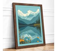 Mountain Lake Reflection Scandinavian Framed Wall Art Print A2 (59.4×42cm) Walnut, Wall Decor for Living Room, Bedroom, Office & Home, Ready to Hang, Art Gift