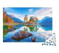 Mountain Lake Scenery 1000 Piece Mental Stimulation Puzzle for Adults Island Trees Mirrored in Crystal Clear Water Premium Sturdy Challenging Stress Relief 38x26cm/1000pcs