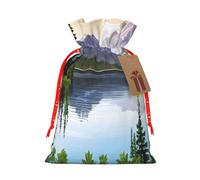 Mountain Lake View Sunny Day Nature -Print Reusable Burlap Pouches Drawstring Bags, Rustic Wedding Christmas Party Favors Bulk Packaging.