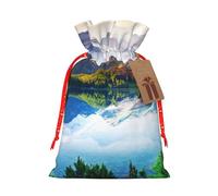 Mountain Lake View Sunny Day Nature Printed Christmas Drawstring Bags with Red Christmas Ribbon - Reusable Burlap Drawstring Gift Pouches, S