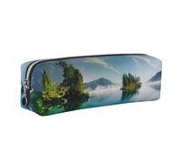 Mountain Lake View Sunny Day Nature Printed Leather Pencil Case Cute Stationery Organizer Simple Makeup Bag Pen Pouch, Silver Zipper
