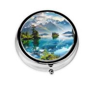 Mountain Lake View Sunny Day Nature Printed Round Pill Organizer with 3 Compartments, Portable Mini Pill Box Pill Case for Medicine, Vitamin, Fish Oil, Supplements