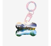 Mountain Lake View Sunny Day Nature Printing 1 Pc Dog Bone Shape Id Tags Double Sided with Key Ring Craft for Pets