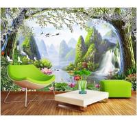 Mountain Lake Waterfall Tree Lotus Modern 3D Wallpaper Premium Textured Silk Neutral Tones Material Ideal for Living Room Bedroom-300cm×210cm