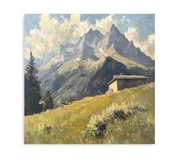 Mountain Landscape Canvas Wall Art | Rustic Cabin Nature Print | Alpine Meadow Scenery Painting | Tranquil Countryside Wall Decor for Bedroom Living Room Office Cottage Lodge | 12x12 Inch