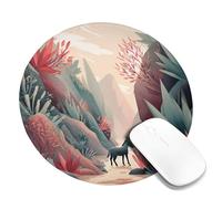 Mountain Landscape Mouse Pad, Coral Green Nature Illustration Stitched Edge Gaming Mousepad, Rubber Non-Slip Washable Mouse Pad for Home and Office Desk Round 8x8 Inch
