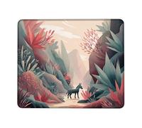 Mountain Landscape Mouse Pad, Coral Green Nature Illustration Stitched Edge Gaming Mousepad, Rubber Non-Slip Washable Mouse Pad for Home and Office Desk Square 8x10 Inch