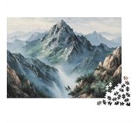 Mountain Landscape Painting Difficult 1000 Piece Jigsaw Puzzle for Adults Mist Wraps Around Sharp Rocky Mountain Summits Premium Sturdy Vibrant Challenging Stress Relief 38x26cm/1000pcs