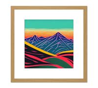 Mountain Landscape Sunrise Sunset Vibrant Multicoloured Modern Abstract Illustration Square Wooden Framed Wall Art Print Picture 8X8 Inch Artery8 Light Oak One Size