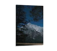 Mountain Landscape Wall Art Snowy Alpine Nature Canvas Print Forest Trees And Blue Sky Poster for Rustic Cabin Or Lodge Room Decor Gift 16x24inch(40x60cm) Framed